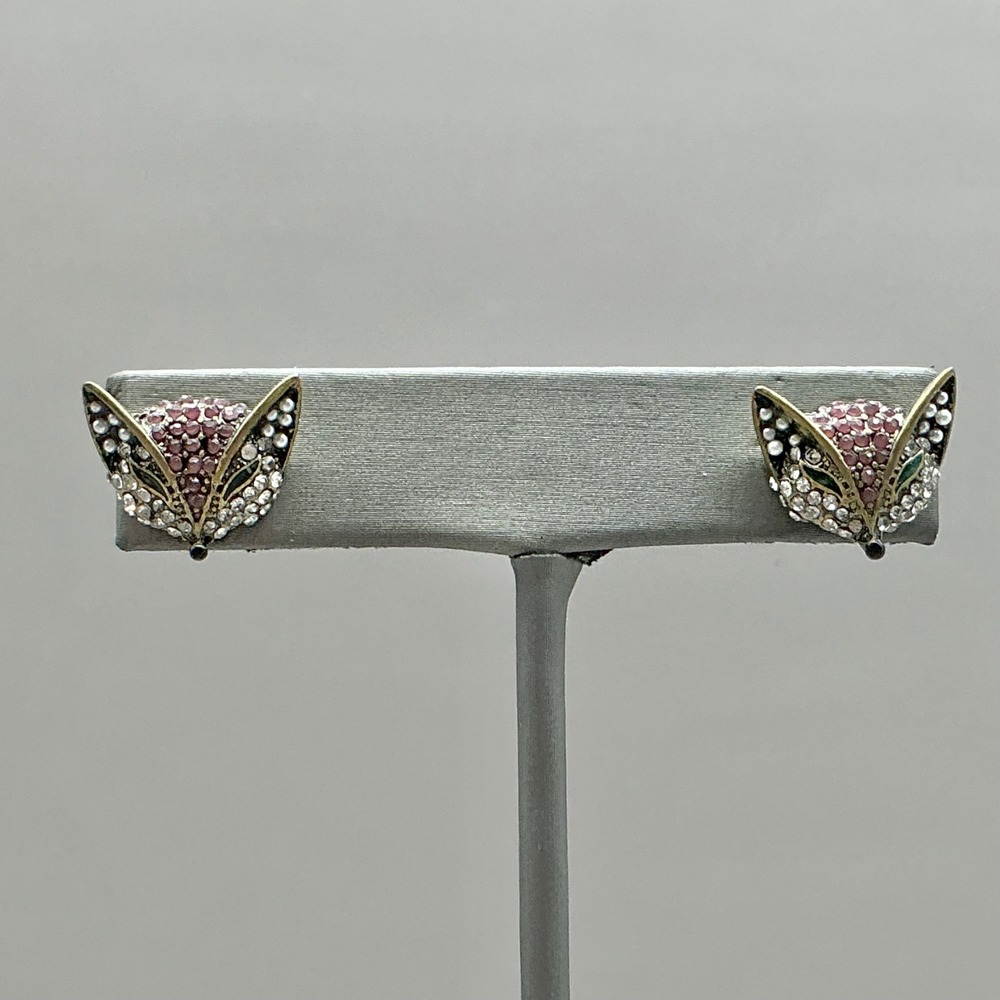Betsey Johnson Fox Head Stud Earrings Women Pink Crystal Pave Gold Tone Animal